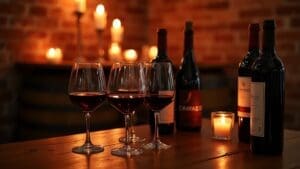 different red wine in a cozy vineyard tasting room