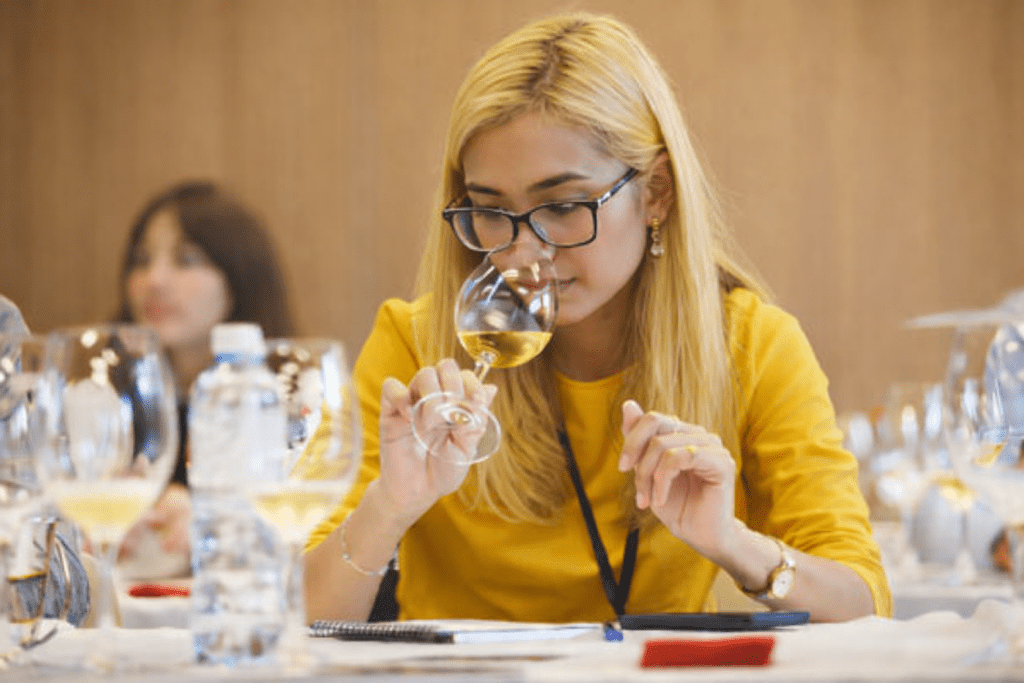 student of our Foundation of Sommelier Skills Basic smelling a glass of white wine