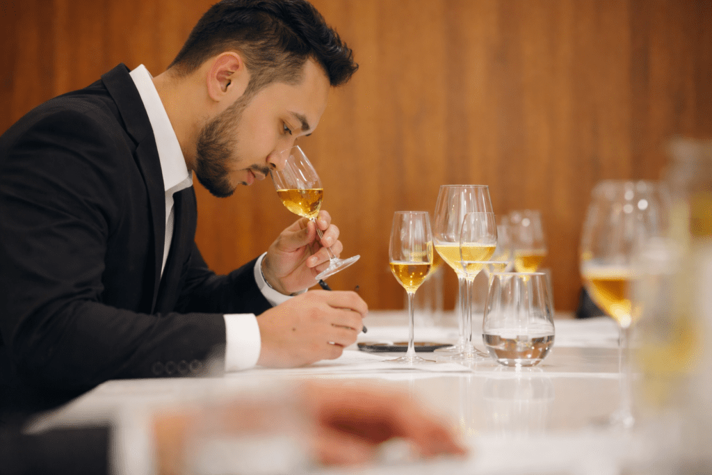 นักเรียนกำลังดมกลิ่นกลิ่นหอมของไวน์ในคอร์ส Foundation of Sommelier Skills Advanced