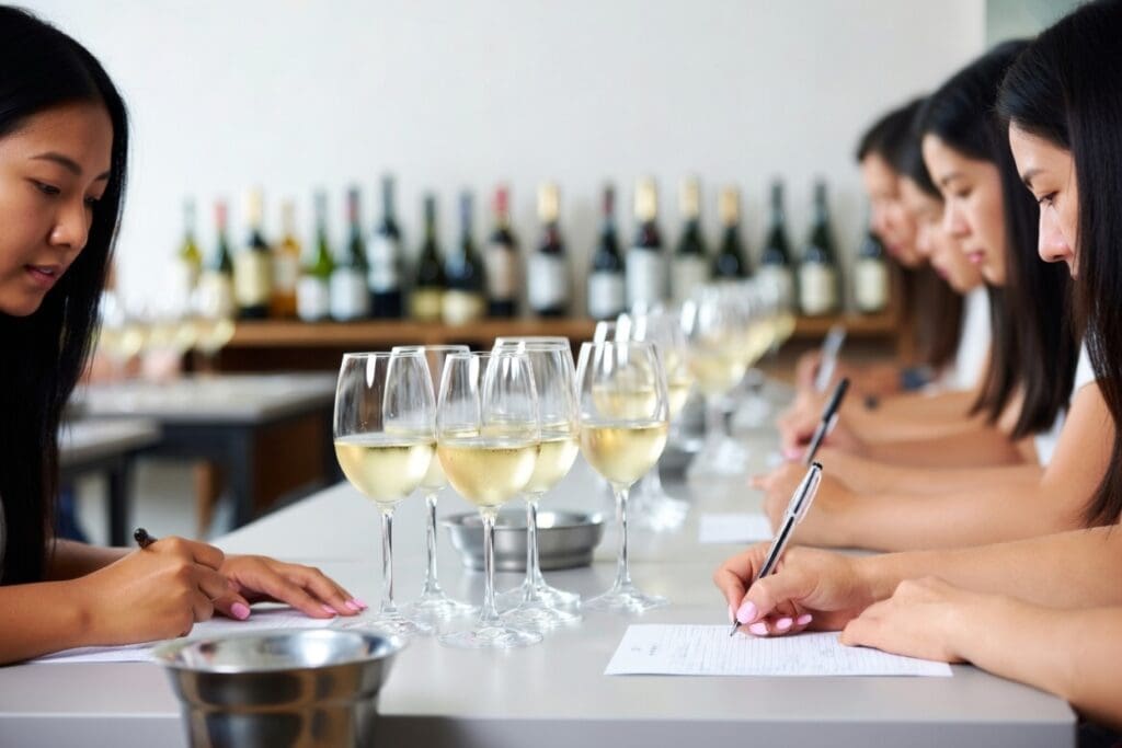 Alt text: Sommelier course Bangkok 2026 students actively tasting wine during professional training at Wine & Spirit Academy