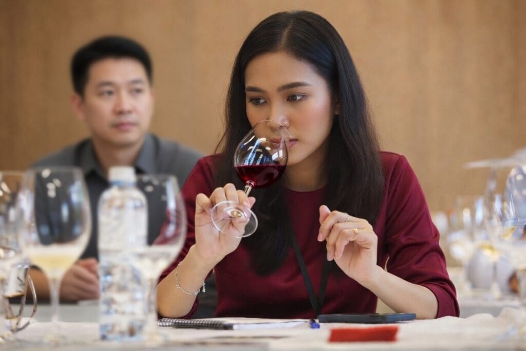 Basic Wine Class Bangkok 2026 – Students in Foundation of Sommelier Skills Basic at Wine & Spirit Academy tasting international wines
