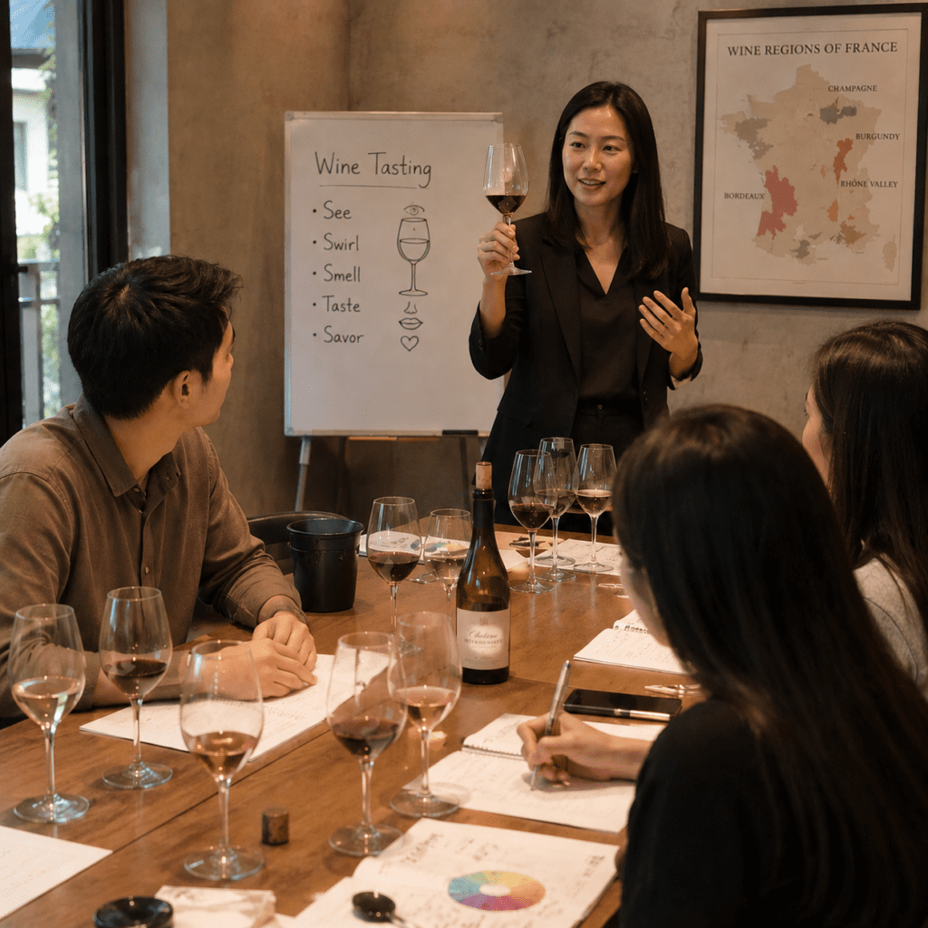 Beginner Wine Class Bangkok 2026 – มือใหม่กำลังสนุกกับคอร์สชิมไวน์ครั้งแรกที่ Wine & Spirit Academy