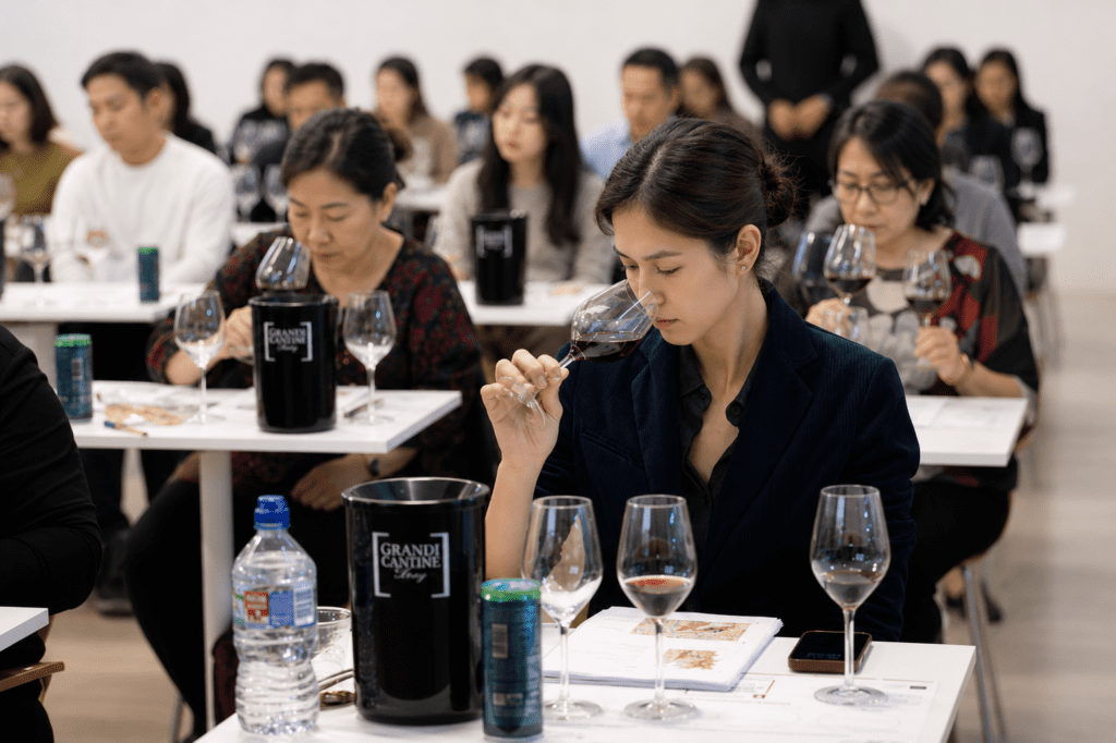 Wine & Spirit Academy Bangkok HORECA training — hotel F&B staff learning red wine grape varieties from Bordeaux and service techniques in a professional setting