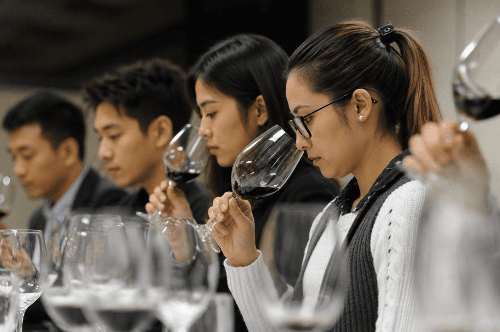 Wine & Spirit Academy Bangkok HORECA training — hotel F&B staff learning wine tasting and service techniques in a professional setting