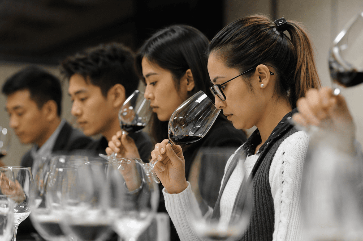Wine & Spirit Academy Bangkok HORECA training — hotel F&B staff learning wine tasting and service techniques in a professional setting