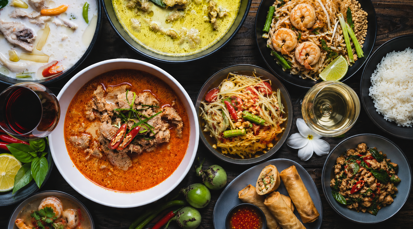 traditional Thai dishes with pinot noir red wine and white riesling