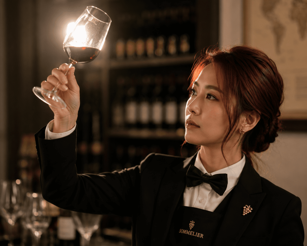 sommelier holding glass to light at Wine & Spirit Academy