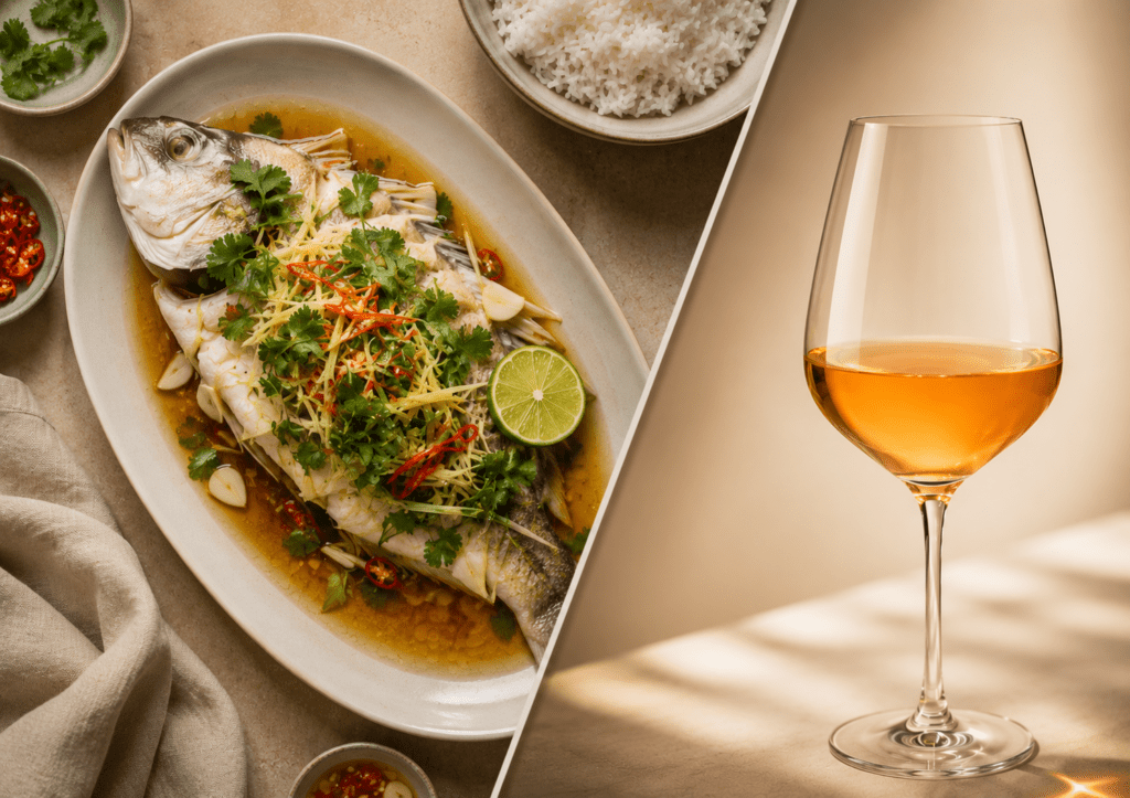 ปลานึ่งคู่กับไวน์ Orange Chardonnay จากประเทศออสเตรีย