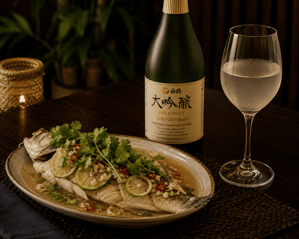 Daiginjo sake with Steamed fish, Lime and Garlic