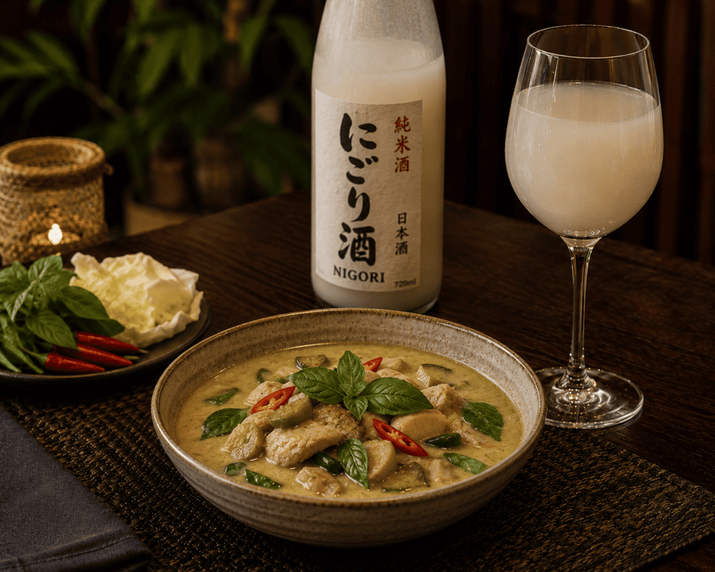 Nigori sake with Green curry (Gaeng Khiao Wan)
