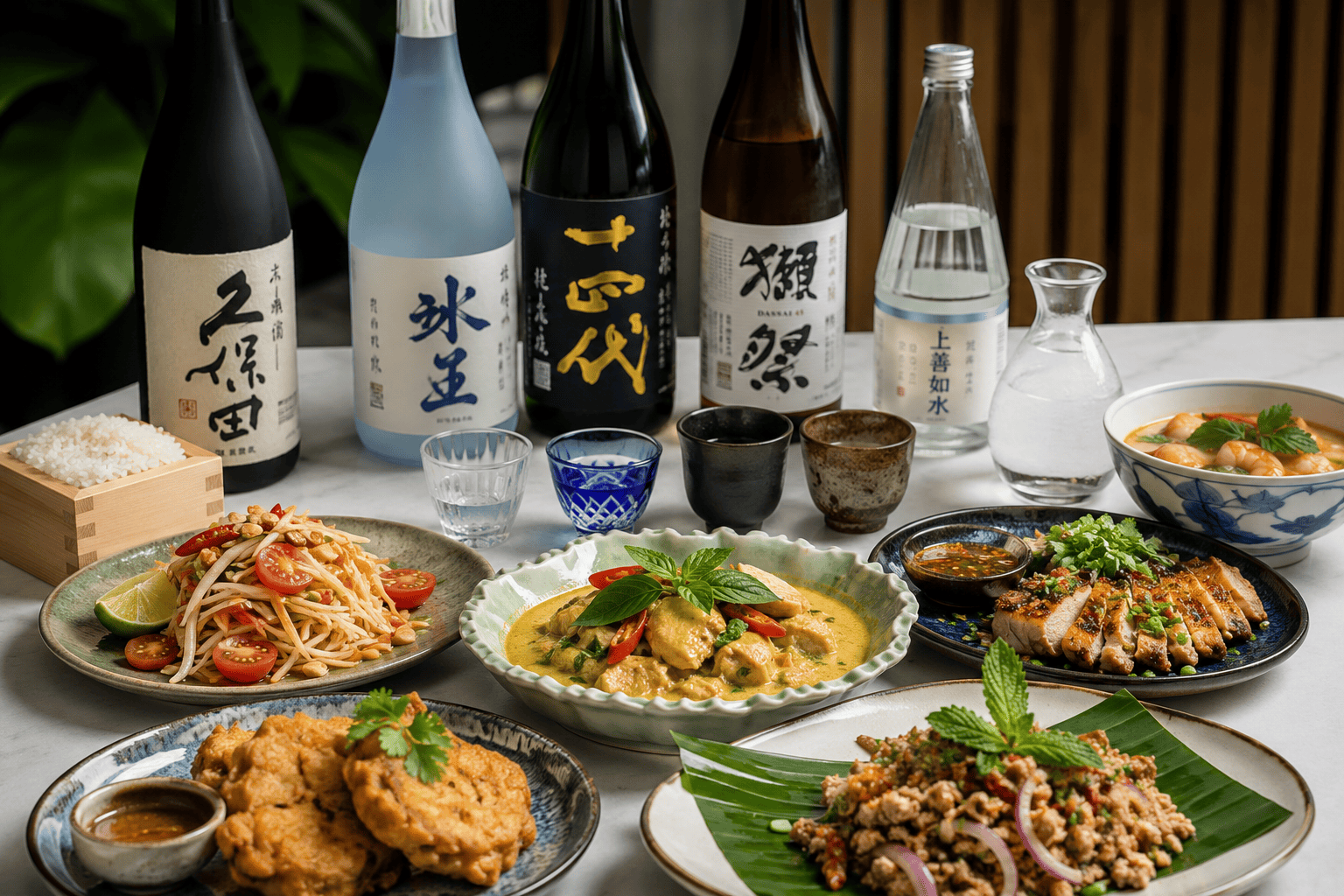 Sake served in a tasting glass to pair with Som Tam, Larb Moo, Green curry