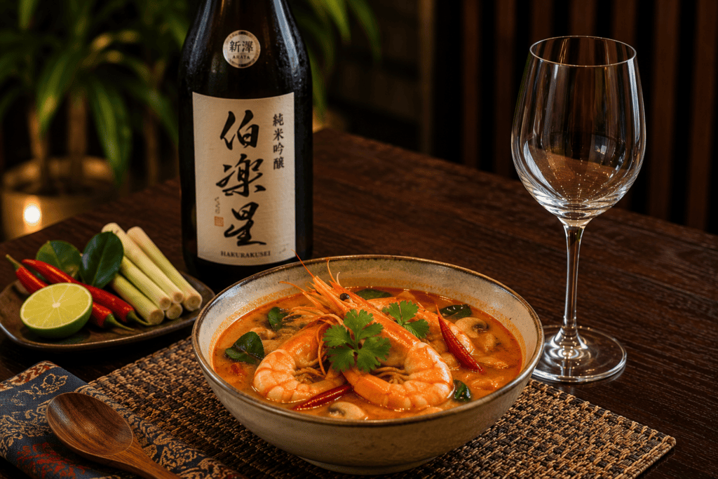 Sake Junmai Ginjo with Tom Yam Goong dish
