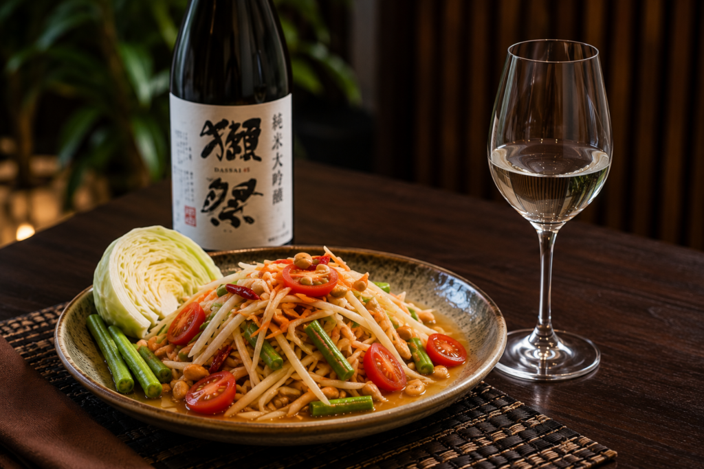 Junmai Ginjo Sake with Papaya salad (Som Tam)