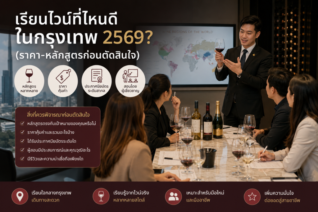 ภาพคลาสเรียนไวน์ในกรุงเทพฯ ปี 2569 ซอมเมอลิเยร์สอนการชิมไวน์ให้ผู้เรียนในห้องเรียน พร้อมไวน์และอุปกรณ์ชิมไวน์ระดับมืออาชีพ