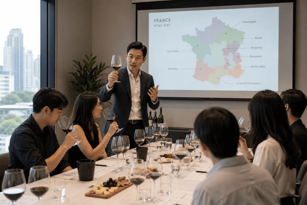 นักเรียนเข้าคลาสชิมไวน์กับผู้สอนที่ Wine & Spirit Academy โรงเรียนสอนไวน์ชั้นนำในกรุงเทพ ปี 2569 พร้อมสไลด์ภูมิศาสตร์ไวน์บนจอโปรเจกเตอร์ เรียนรู้การชิมไวน์อย่างมืออาชีพในบรรยากาศทันสมัย