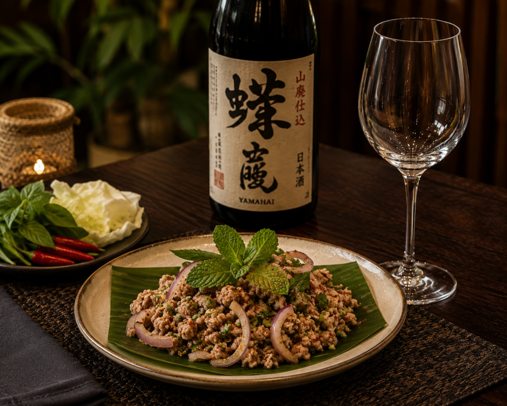 Junmai Yamahai sake with Larb moo salad