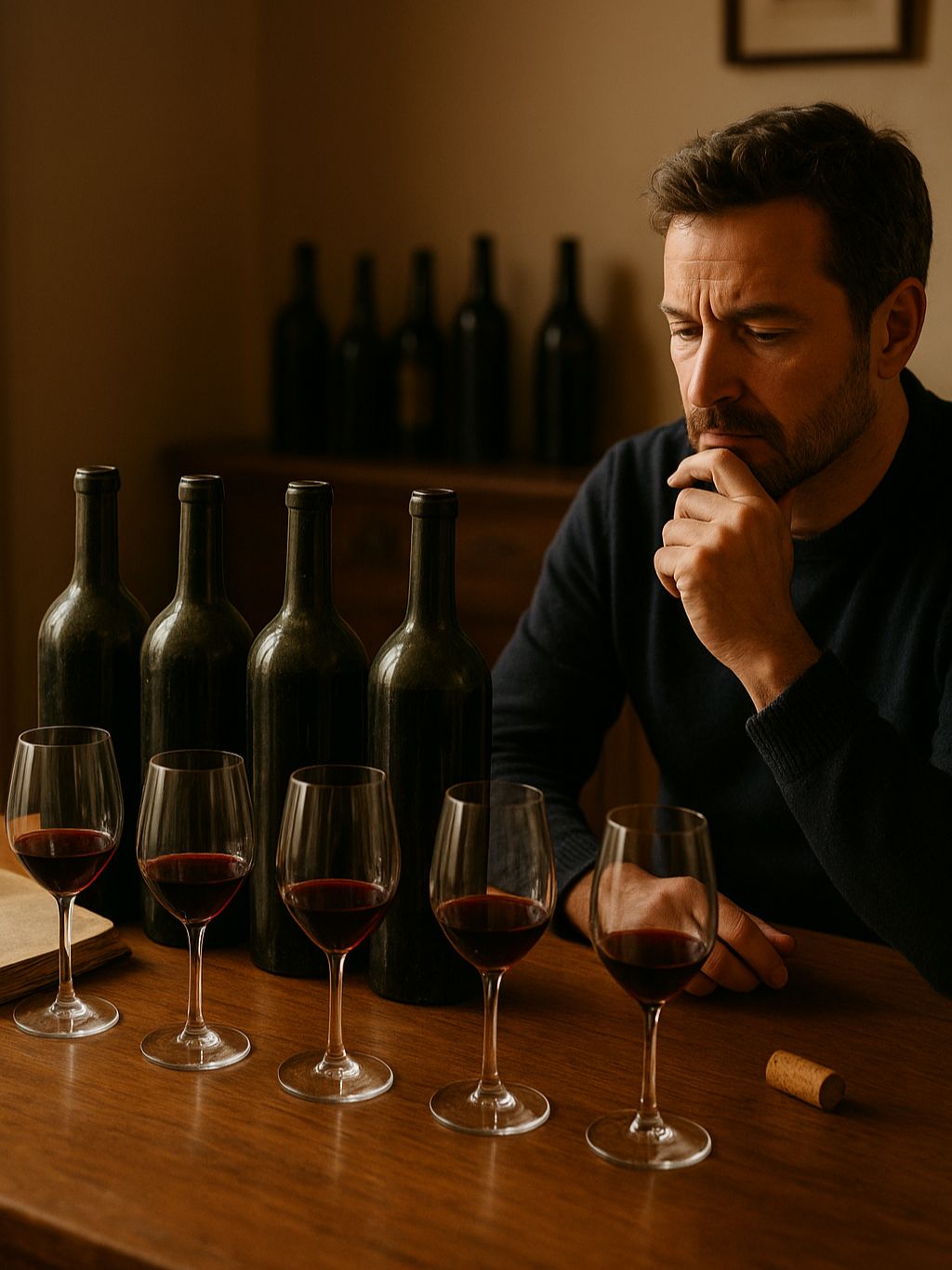 Photorealistic intimate tasting setup featuring several scarce older bottles from one estate, a modest number of glasses, and