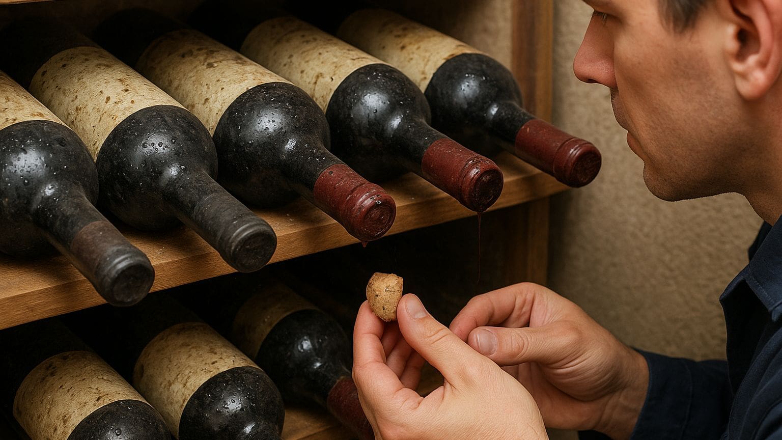 Photorealistic close-up inspection of several wine bottles with wet peeling labels beside one bottle with a visibly leaking s