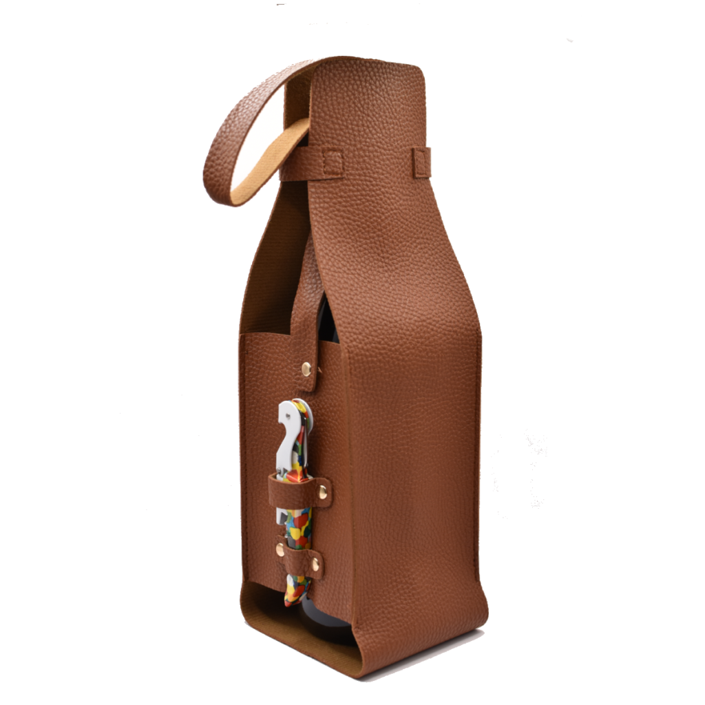 Brown leather wine bottle carrier gift set with corkscrew, also available in cream